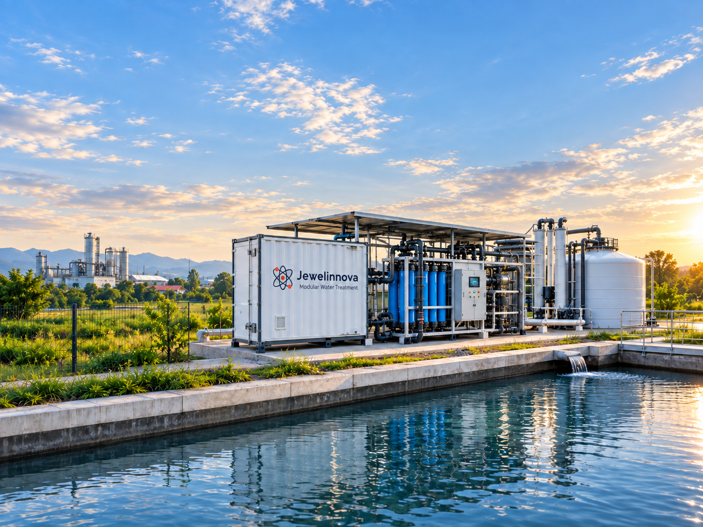 A containerised Jewel Innova modular water treatment skid with membrane vessels, pumps and a storage tank, installed beside a treated-water channel.