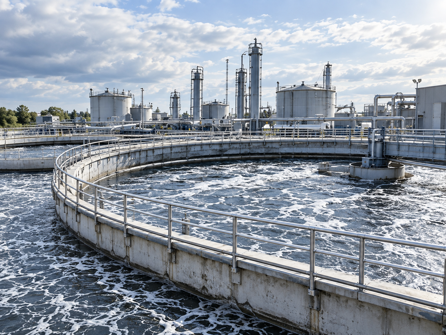 A conventional open clarifier at a large centralised wastewater plant, with foam on the surface.